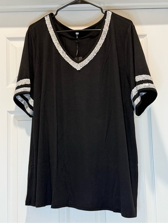 Cathy Tops - Black V-Neck Tee with Silver Sequin Trim 3x